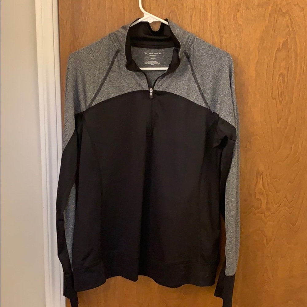 Black and grey 1/4 zip athletic jacket.